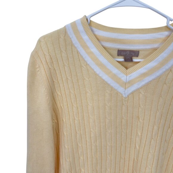 WHITE STAG Yellow Cable Knit Sweater Top With White Striped V-Neck Womens L - Picture 2 of 10